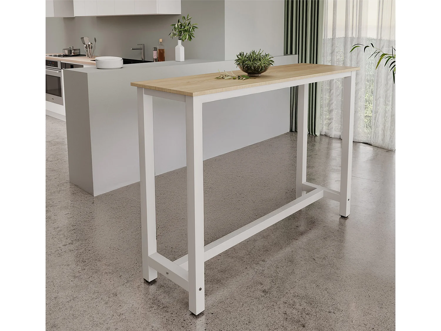 Table haute de cuisine et salle à manger en blanc et sonoma de 140x100x40 cm Ani