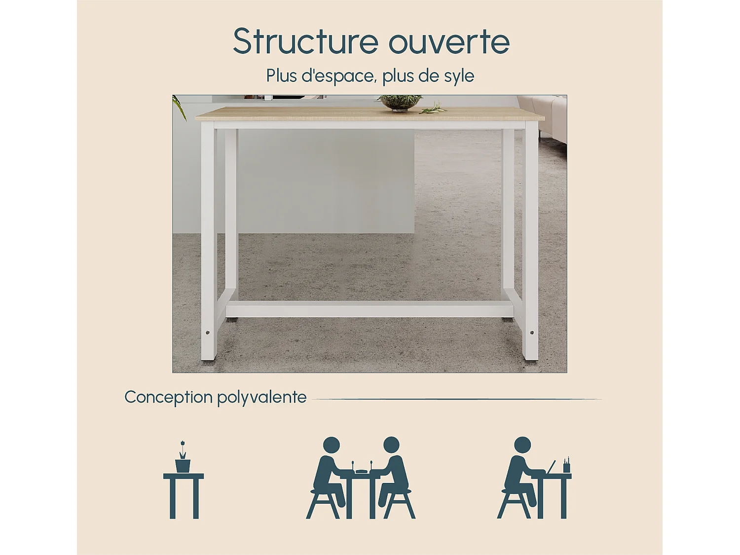 Table haute de cuisine et salle à manger en blanc et sonoma de 140x100x40 cm Ani