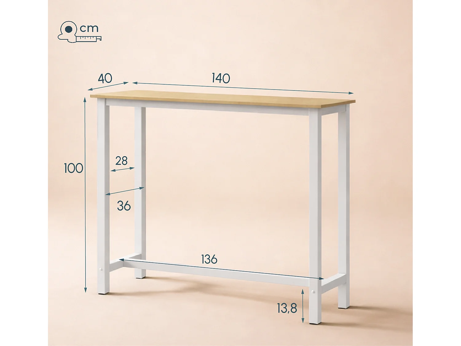 Table haute de cuisine et salle à manger en blanc et sonoma de 140x100x40 cm Ani