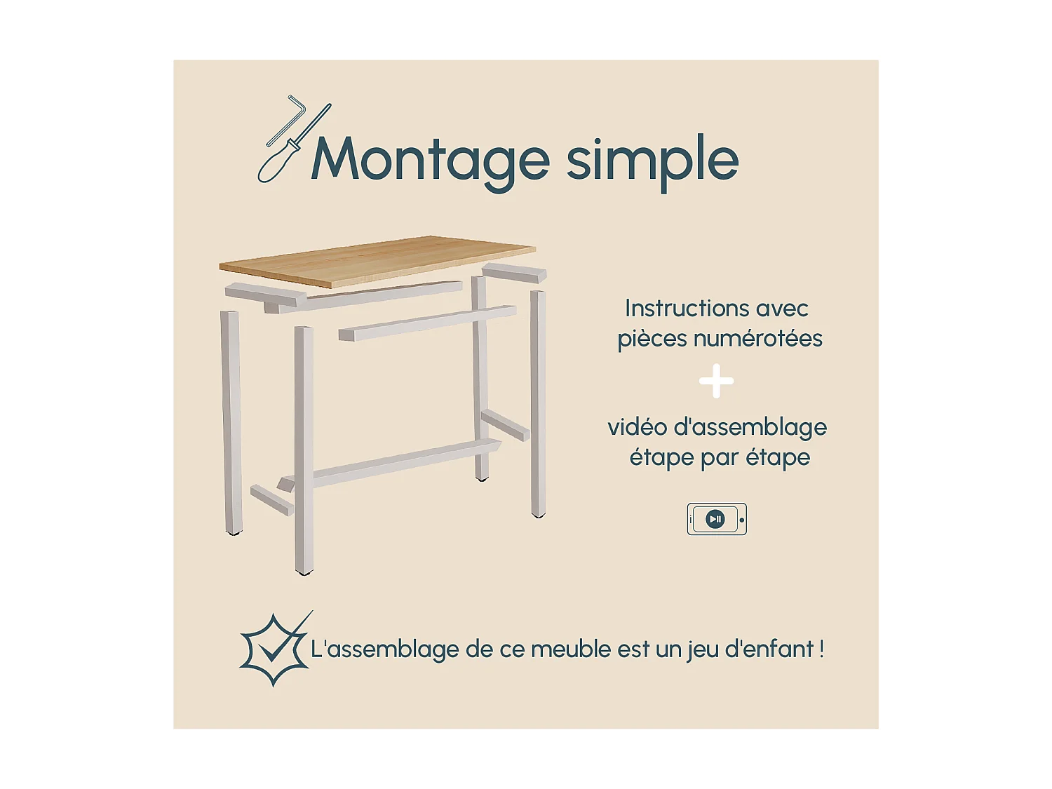 Table haute de cuisine et salle à manger en blanc et sonoma de 140x100x40 cm Ani