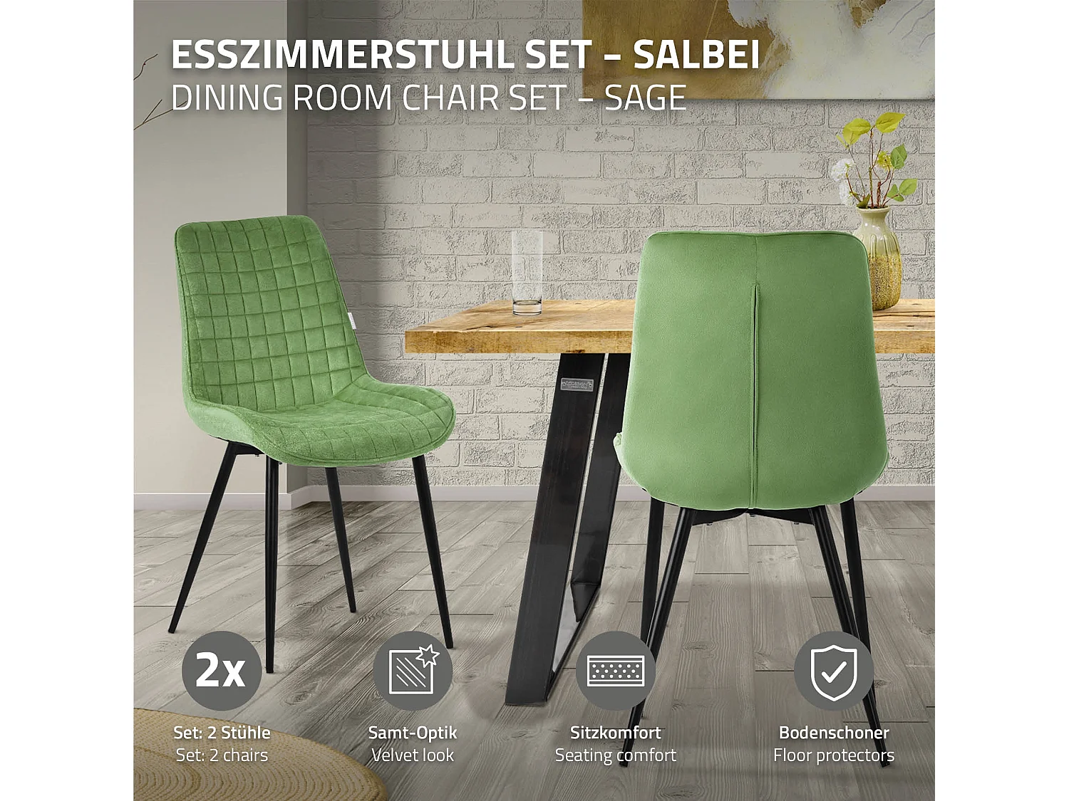 ML-Design 2x Sillas de comedor verde salvia tapizado aspecto terciopelo con resplado y patas metal sillón moderno acolchado para hogar oficina
