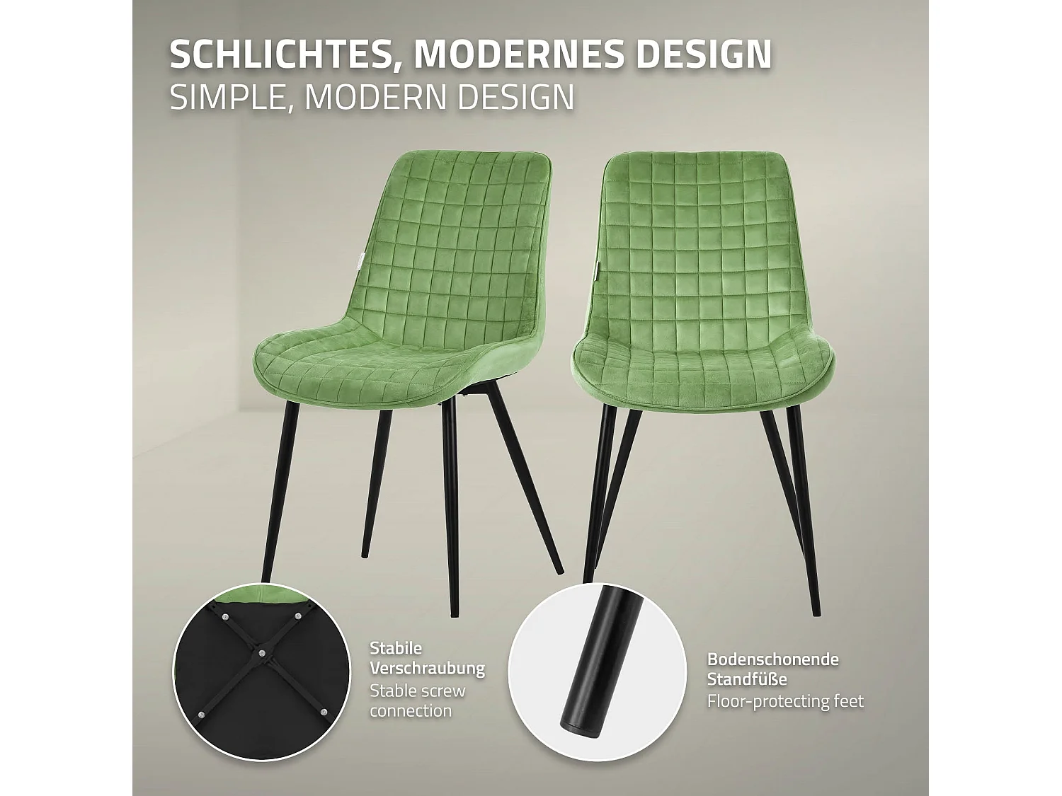 ML-Design 2x Sillas de comedor verde salvia tapizado aspecto terciopelo con resplado y patas metal sillón moderno acolchado para hogar oficina