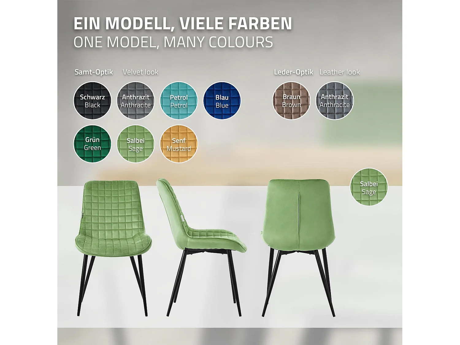 ML-Design 2x Sillas de comedor verde salvia tapizado aspecto terciopelo con resplado y patas metal sillón moderno acolchado para hogar oficina