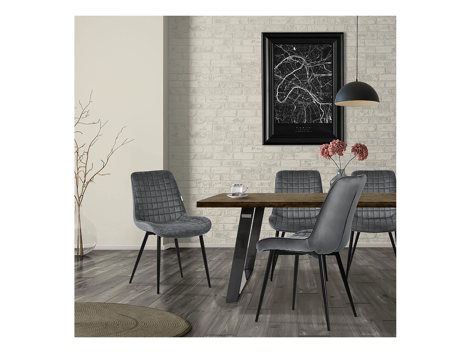 Lot de 4 chaises de salle à manger cuisine rembourrées en velours anthracite