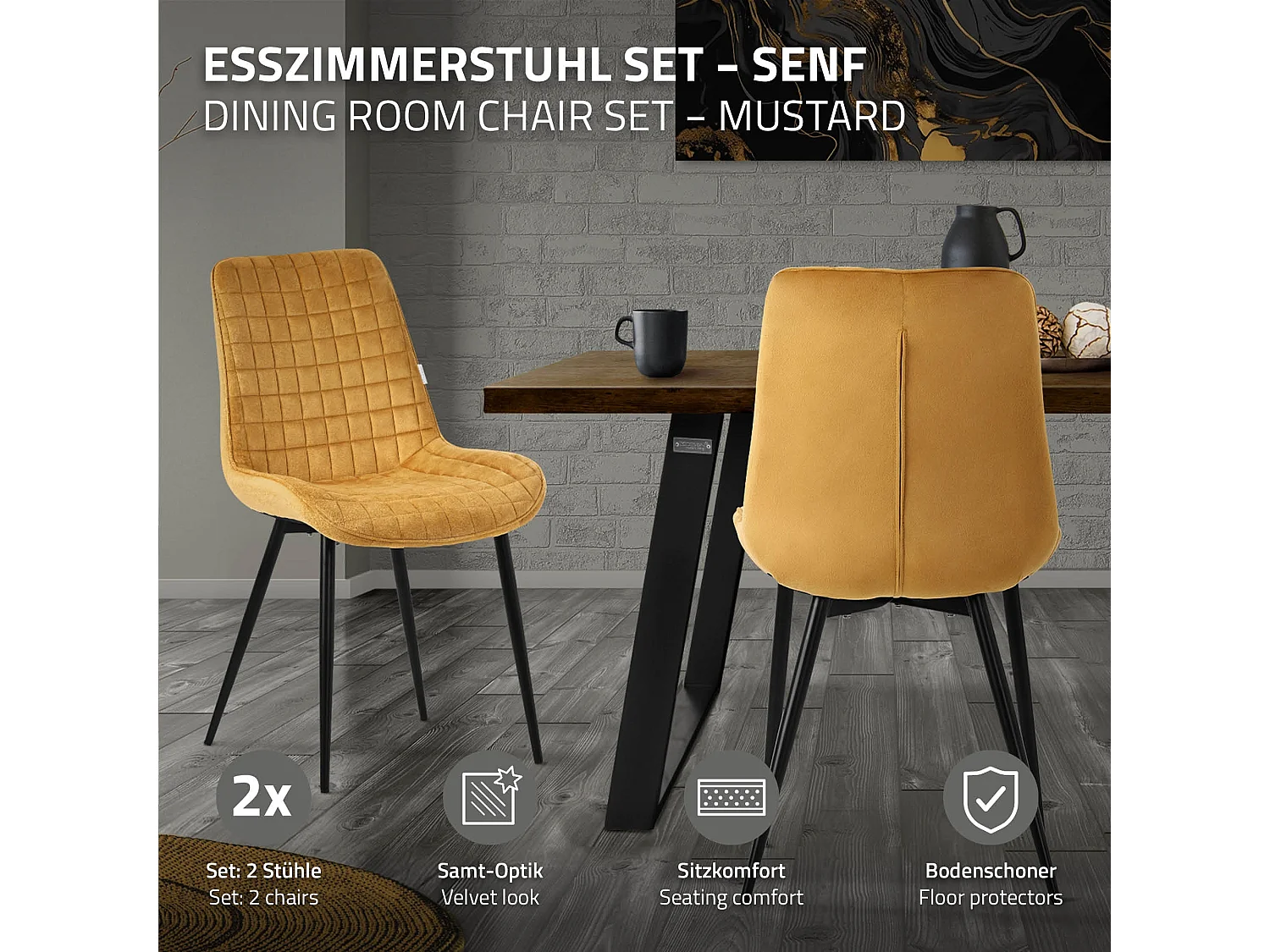ML-Design Sedie da pranzo set di 2 giallo senape rivestimento in velluto sedia da cucina con schienale gambe in metallo seggiola per studio ufficio