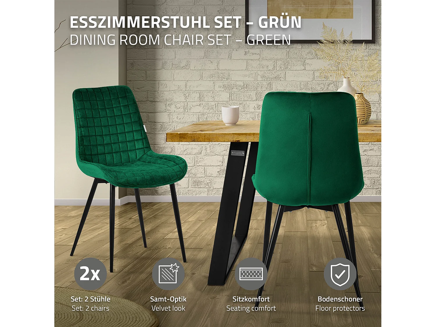 Lot de 2 chaises de salle à manger vert foncé assise ergonomique revêtement en velours respirant pieds noir en acier patins pré-montés design raffiné