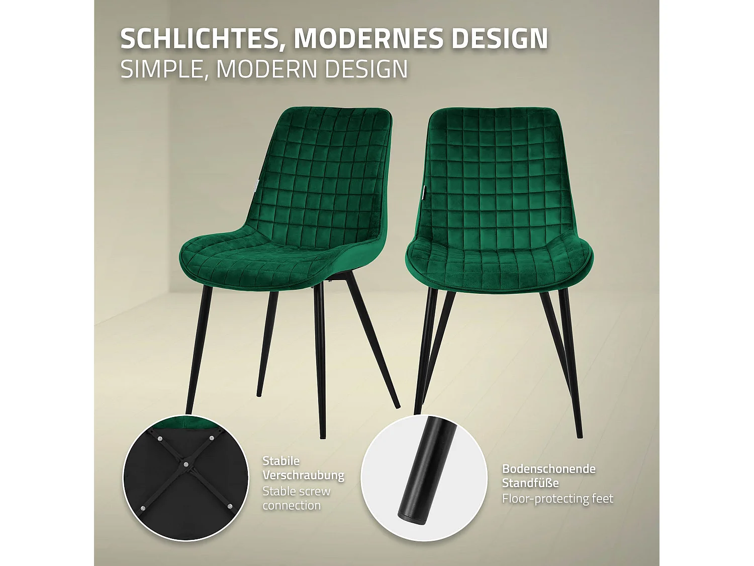 ML-Design 6x Sillas de comedor verde oscuro tapizado aspecto terciopelo con resplado y patas metal sillón moderno acolchado para hogar oficina