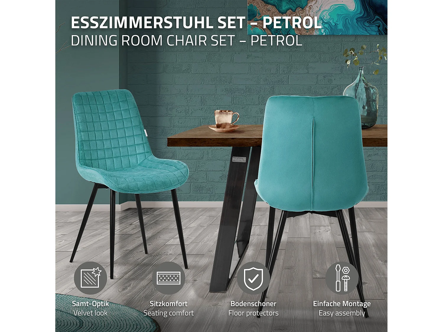 Lot de 4 chaises de salle à manger pétrole assise ergonomique revêtement en velours respirant pieds noir en acier patins pré-montés design raffiné