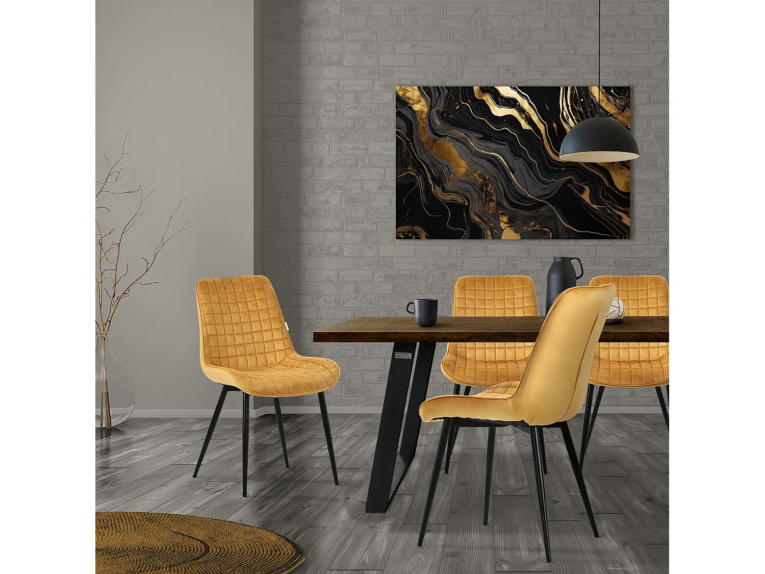 Lot de 4 chaises de salle à manger cuisine rembourrées en velours jaune moutarde