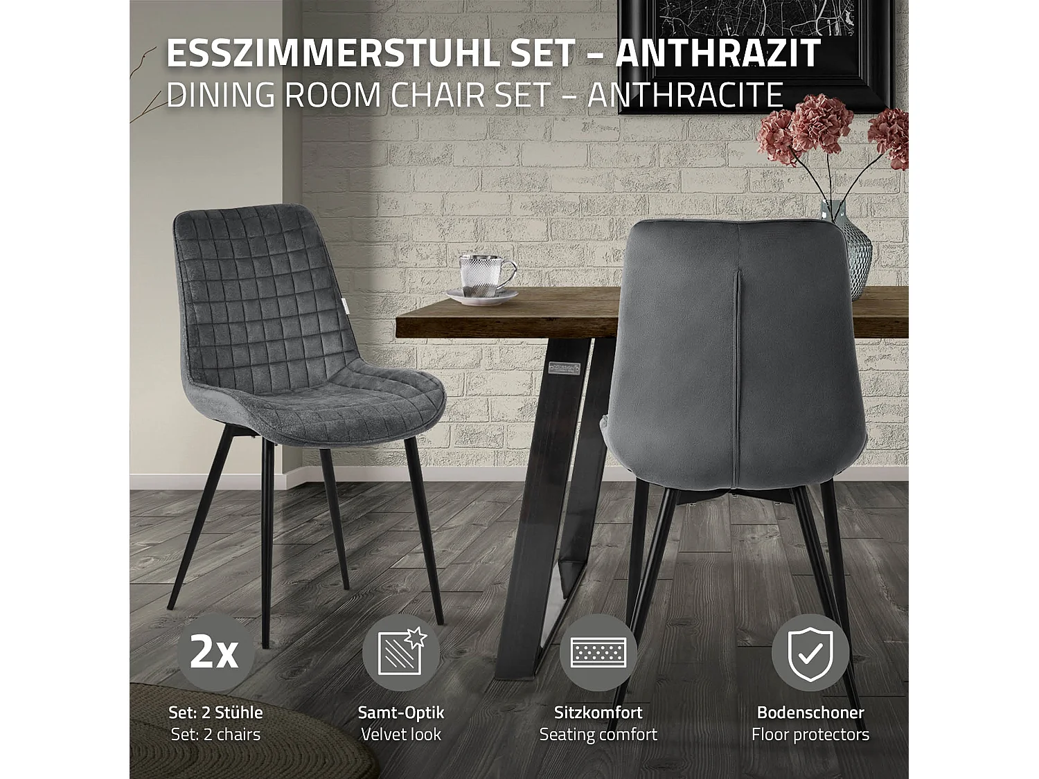 ML-Design 2x Sillas de comedor color antracita tapizado aspecto terciopelo con resplado y patas metal sillón moderno acolchado para hogar oficina