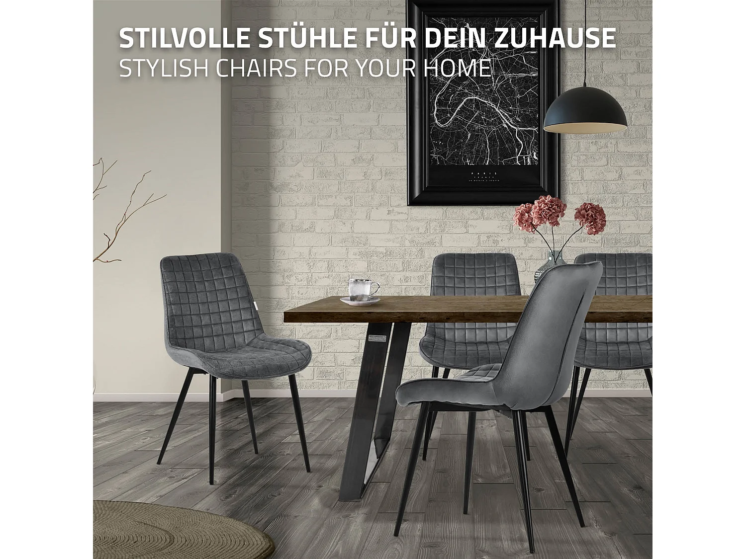 ML-Design 2x Sillas de comedor color antracita tapizado aspecto terciopelo con resplado y patas metal sillón moderno acolchado para hogar oficina
