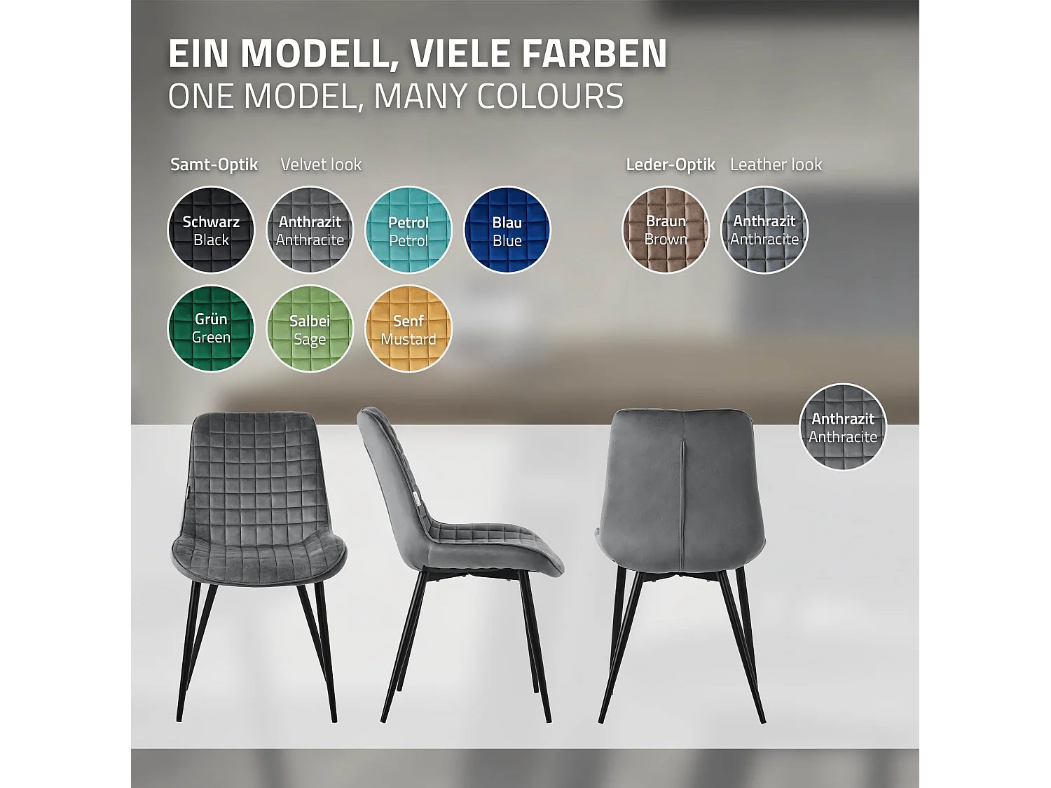 ML-Design 2x Sillas de comedor color antracita tapizado aspecto terciopelo con resplado y patas metal sillón moderno acolchado para hogar oficina