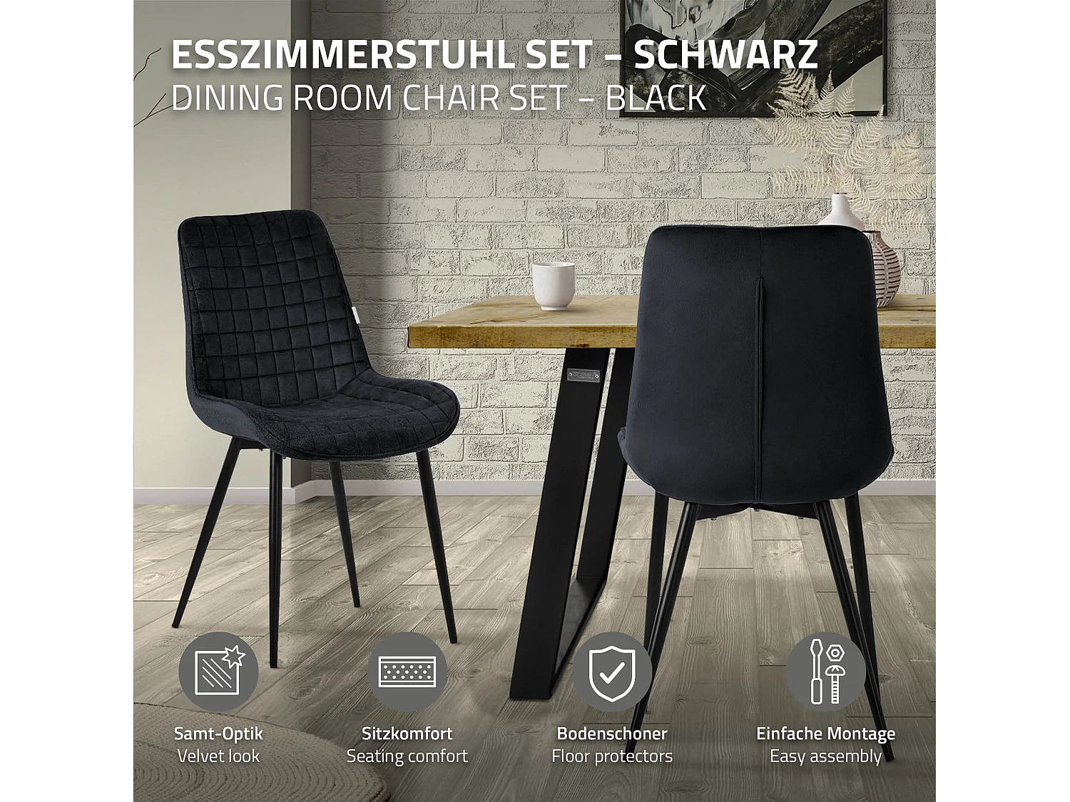 Lot de 6 chaises de salle à manger noir assise ergonomique revêtement en velours respirant pieds noir en acier patins pré-montés design raffiné