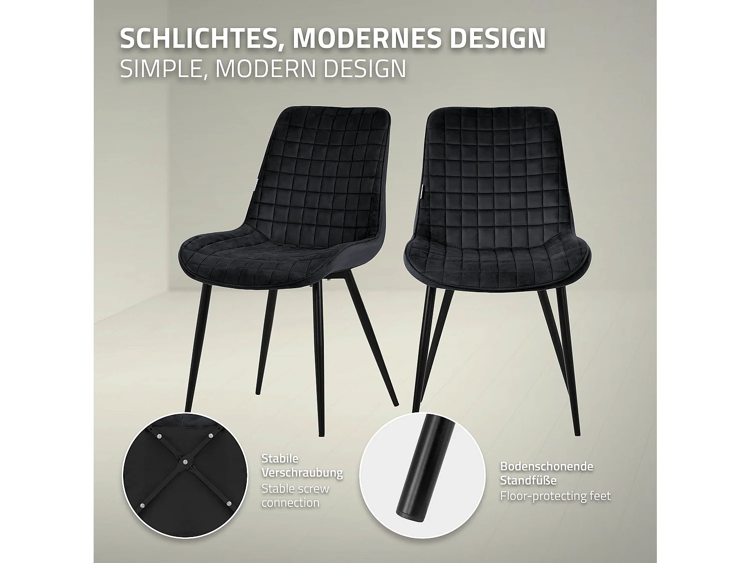 Lot de 6 chaises de salle à manger noir assise ergonomique revêtement en velours respirant pieds noir en acier patins pré-montés design raffiné