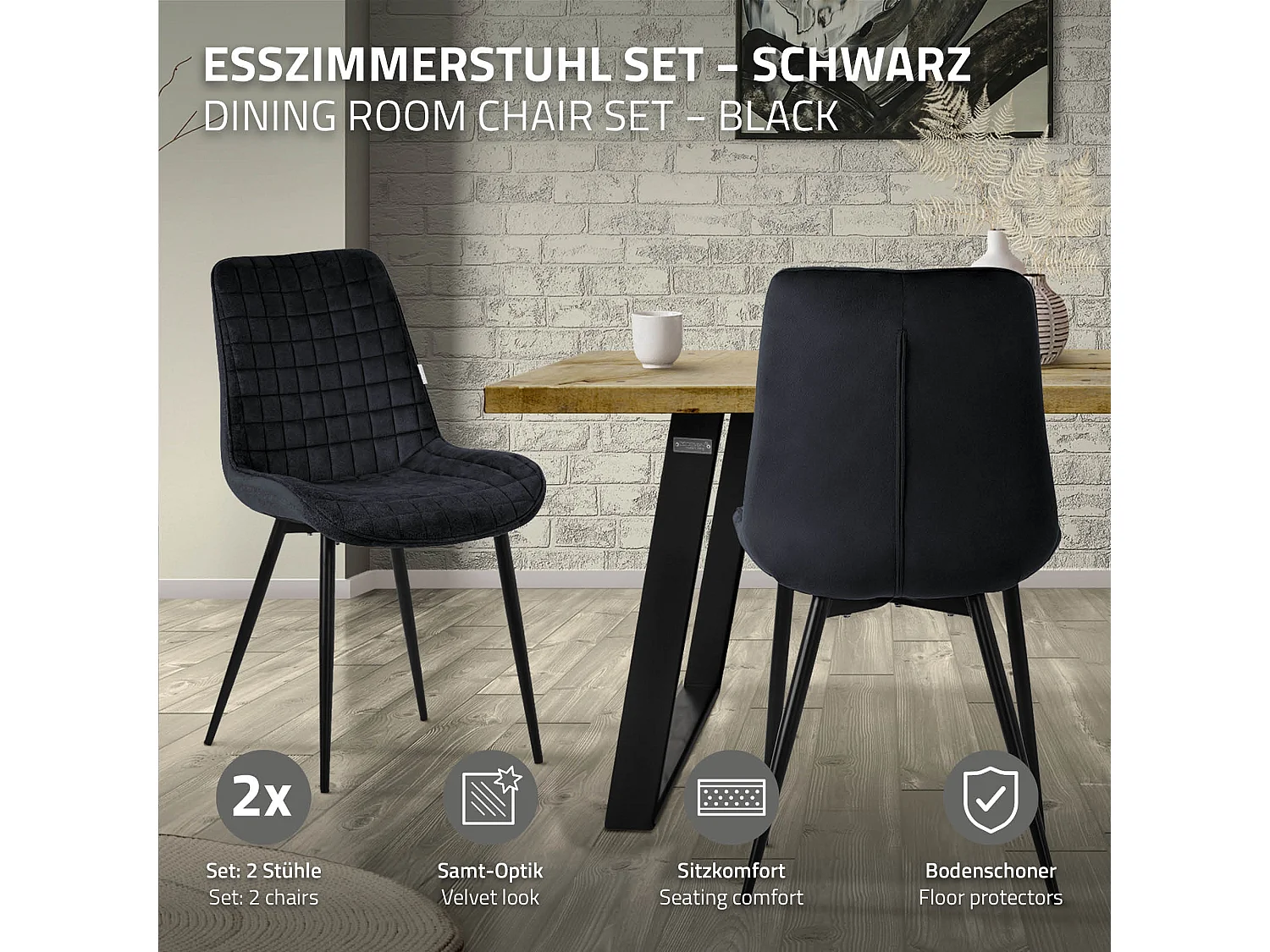 Lot de 2 chaises de salle à manger noir assise ergonomique revêtement en velours respirant pieds noir en acier patins pré-montés design raffiné