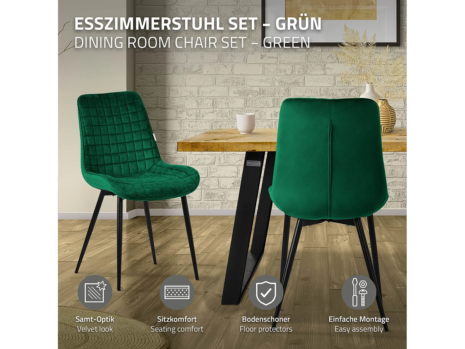 ML-Design Sedie da pranzo set di 4 verde scuro rivestimento in velluto sedia da cucina con schienale con gambe in metallo seggiola da studio ufficio