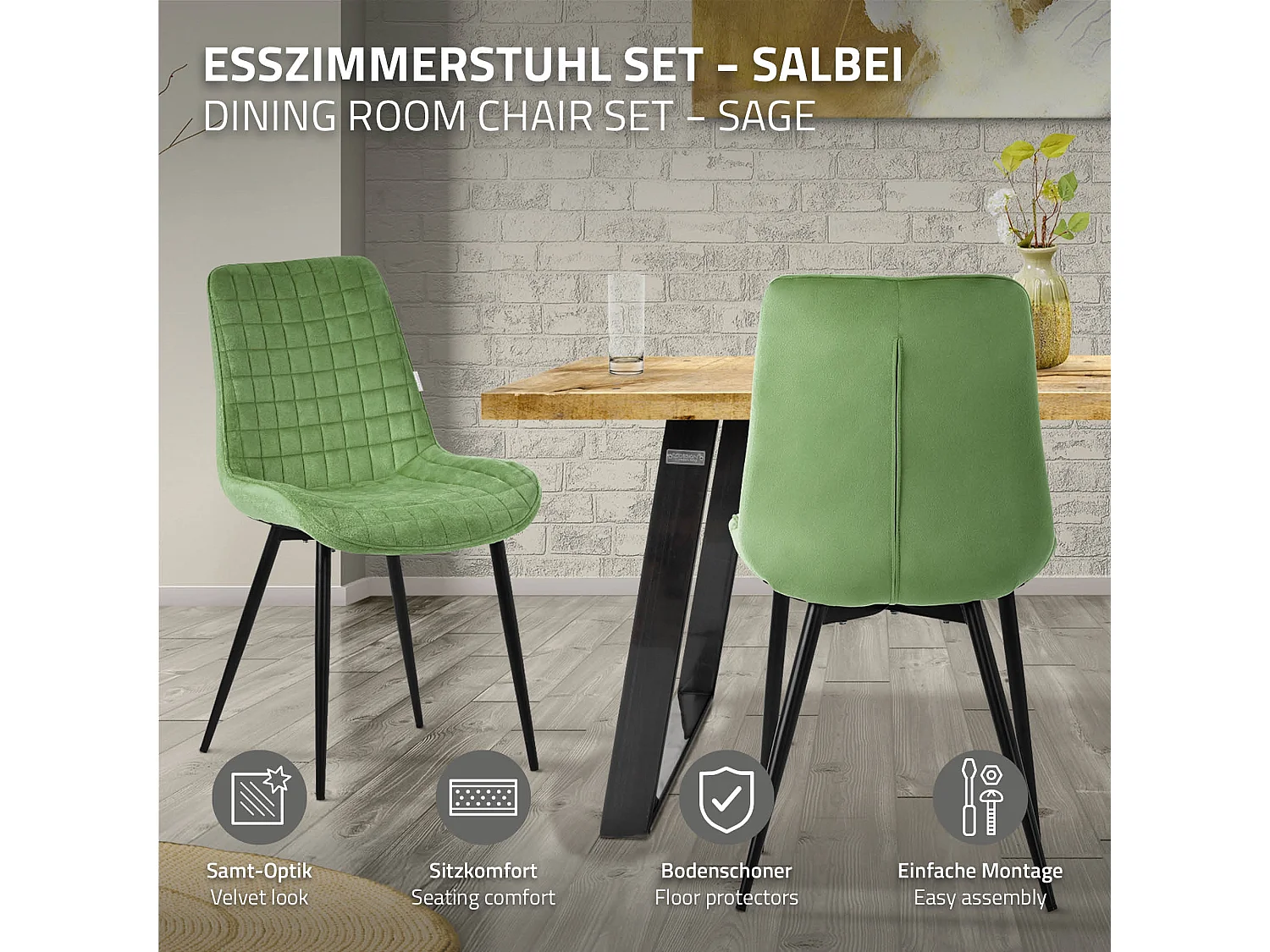 Lot de 6 chaises de salle à manger sauge assise ergonomique revêtement en velours respirant pieds noir en acier patins pré-montés design raffiné
