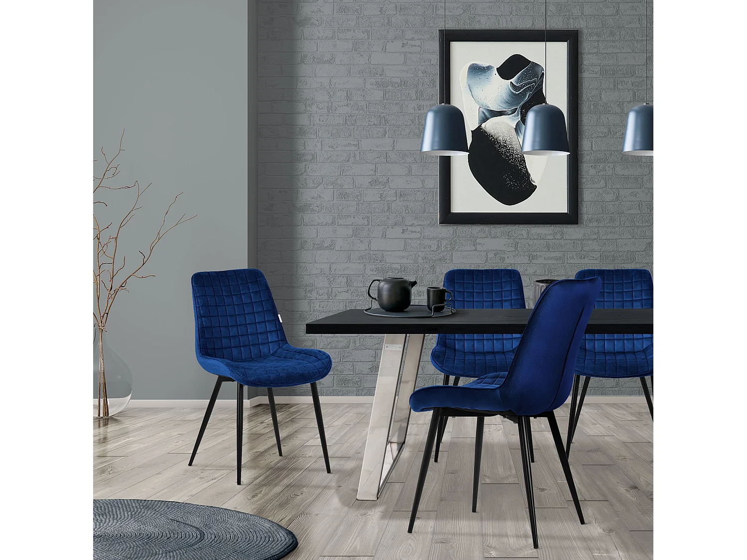 Lot de 2 chaises de salle à manger cuisine rembourrées en velours bleu foncé