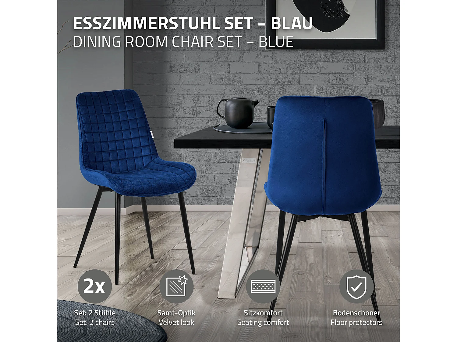 ML-Design 2x Sillas de comedor color azul oscuro tapizado aspecto terciopelo con resplado y patas metal sillón moderno acolchado para hogar oficina