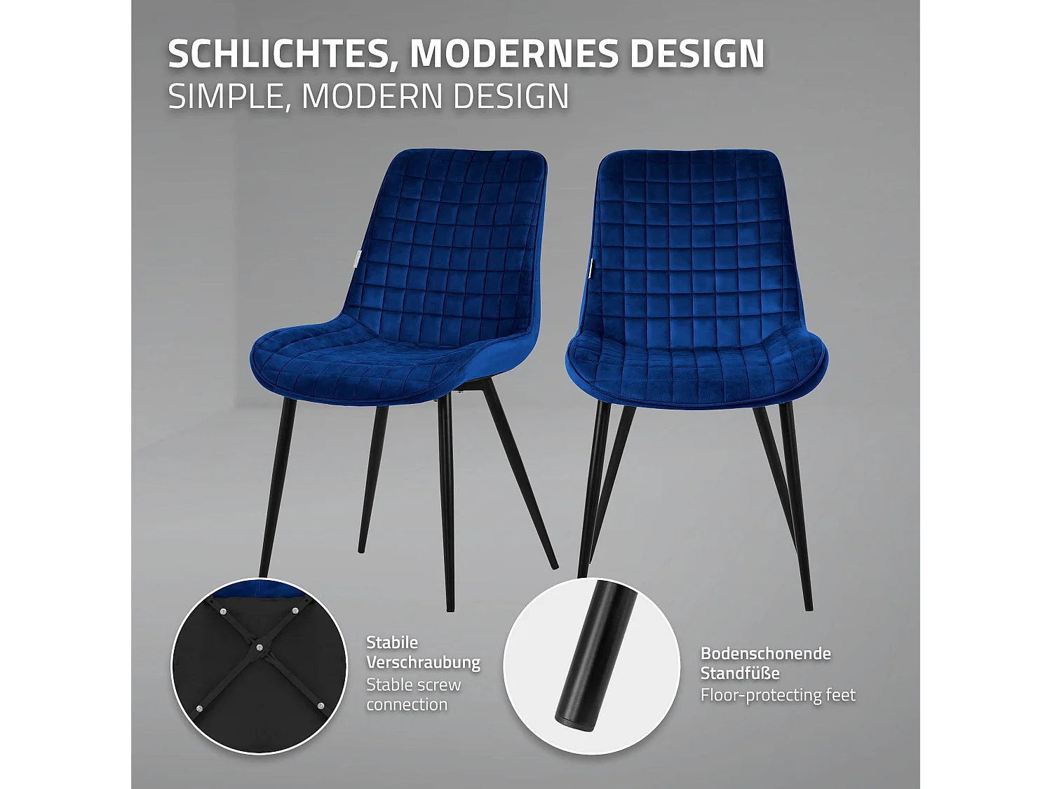 ML-Design 2x Sillas de comedor color azul oscuro tapizado aspecto terciopelo con resplado y patas metal sillón moderno acolchado para hogar oficina