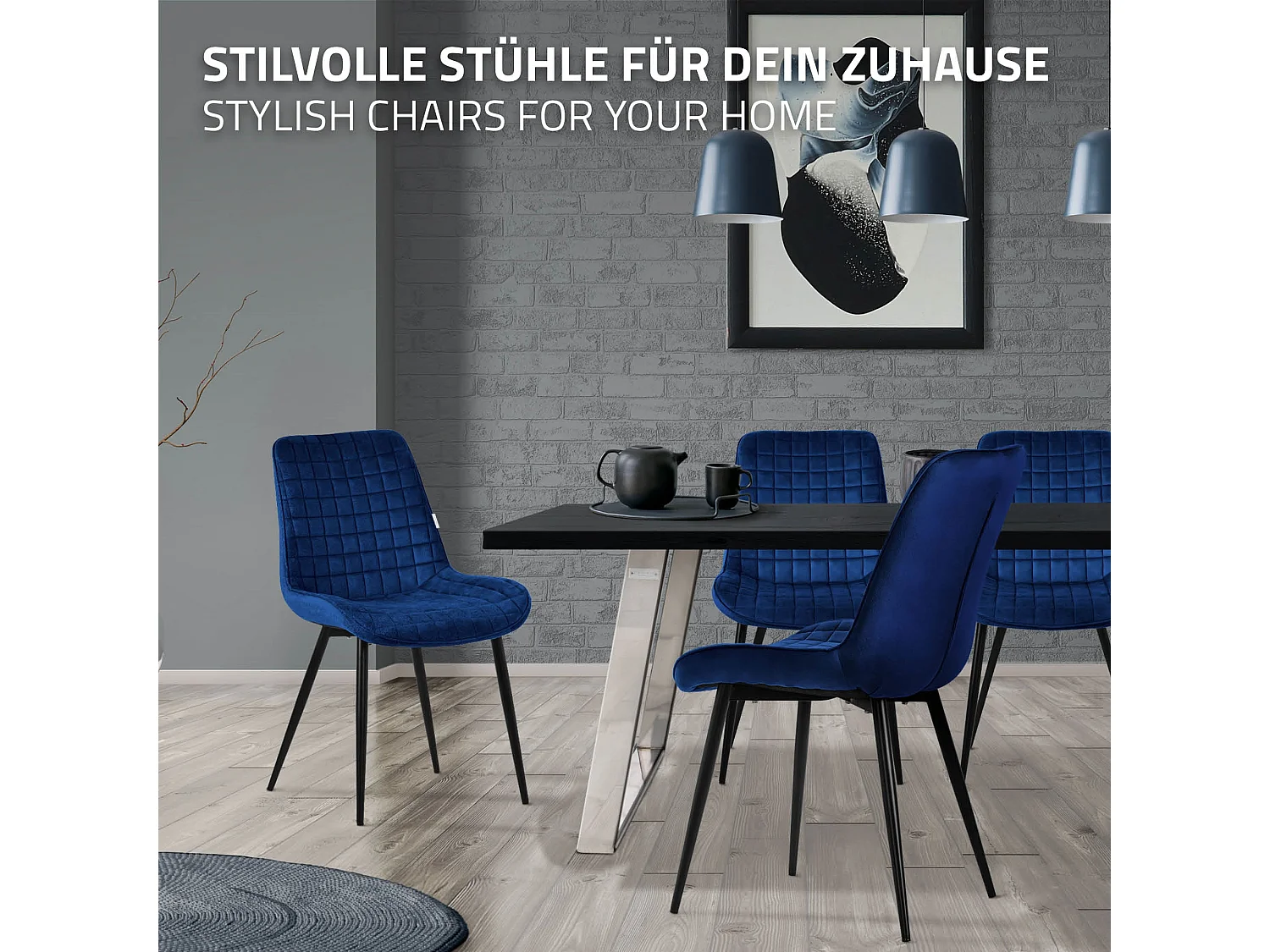 ML-Design 2x Sillas de comedor color azul oscuro tapizado aspecto terciopelo con resplado y patas metal sillón moderno acolchado para hogar oficina