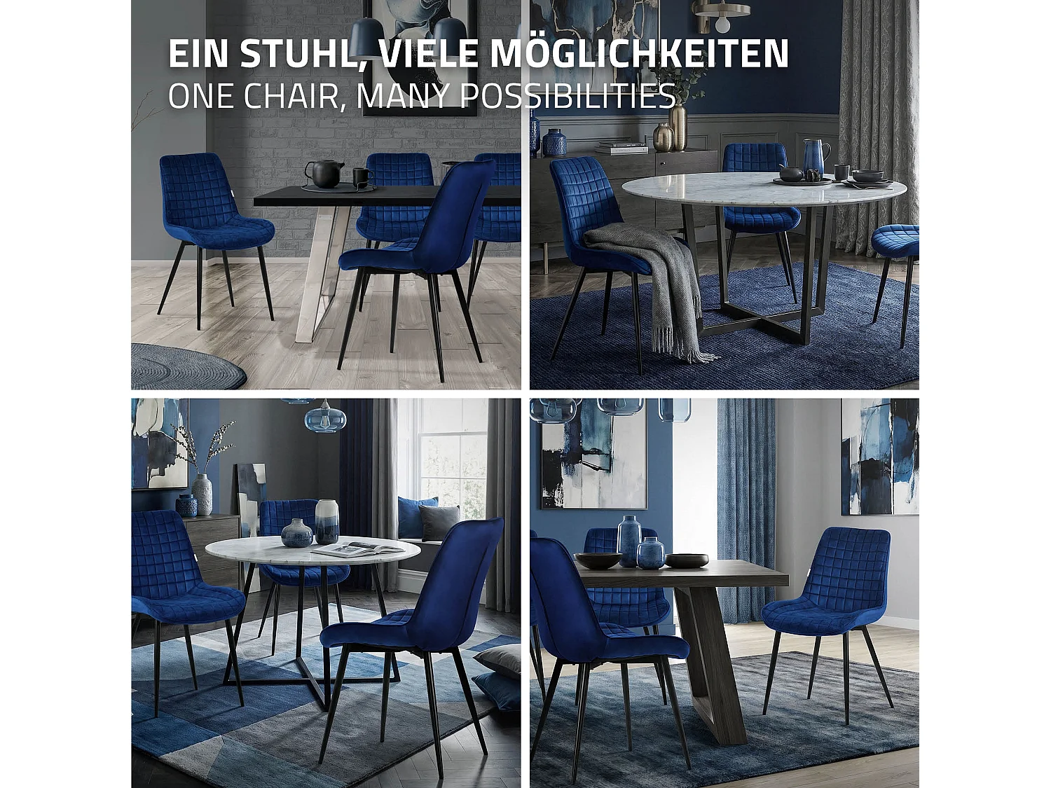 ML-Design 2x Sillas de comedor color azul oscuro tapizado aspecto terciopelo con resplado y patas metal sillón moderno acolchado para hogar oficina