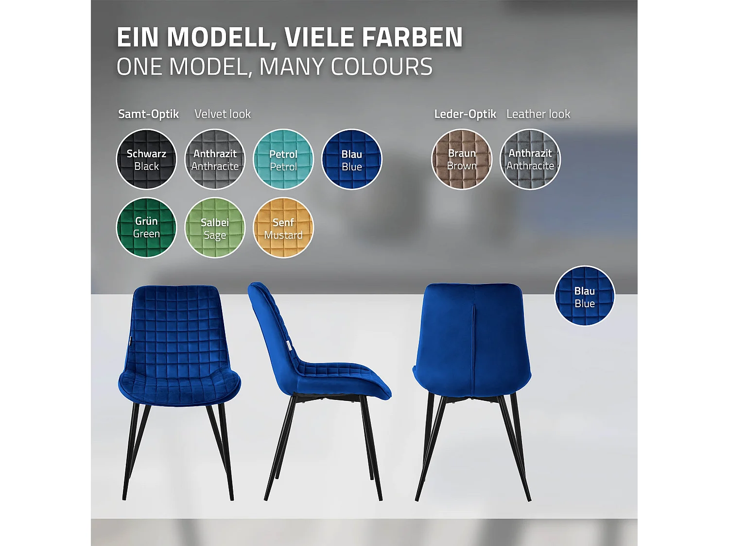ML-Design 2x Sillas de comedor color azul oscuro tapizado aspecto terciopelo con resplado y patas metal sillón moderno acolchado para hogar oficina