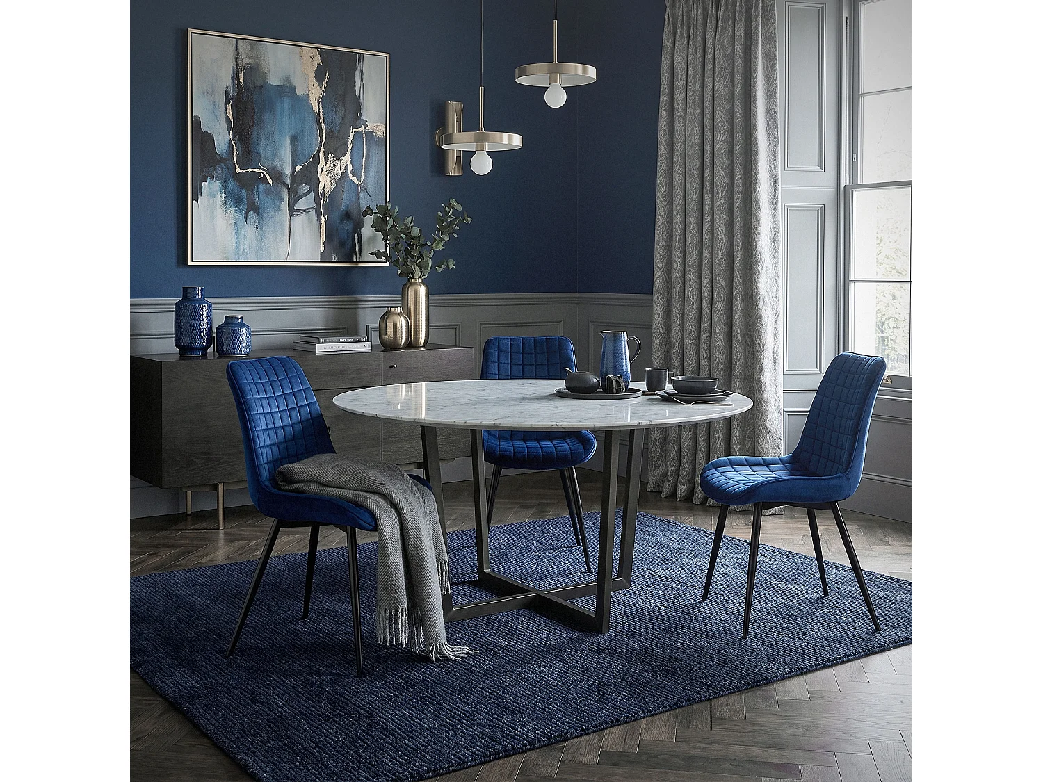 ML-Design 2x Sillas de comedor color azul oscuro tapizado aspecto terciopelo con resplado y patas metal sillón moderno acolchado para hogar oficina