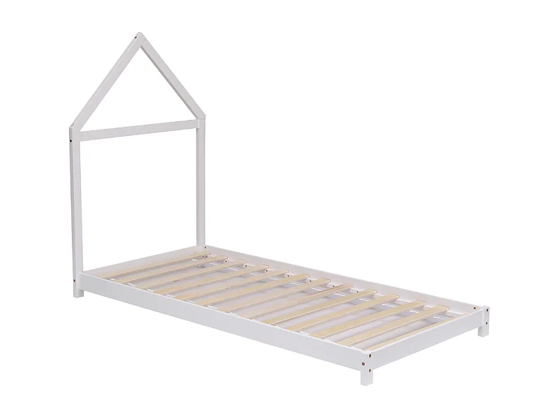 Lit en pin massif blanc 90x190 cm avec 10 lattes en contreplaqué de peuplier - Montage rapide et facile - Laetitia