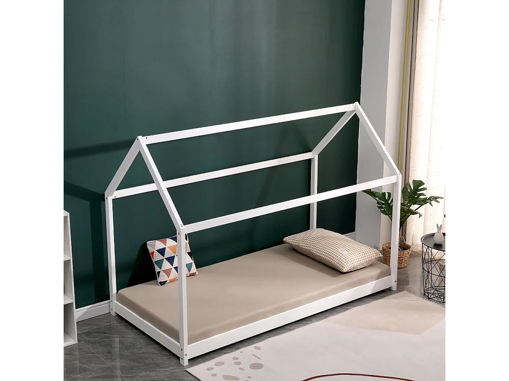 Lit cabane pin massif blanc 90x190 cm avec 10 lattes peuplier plywood - montage rapide et facile