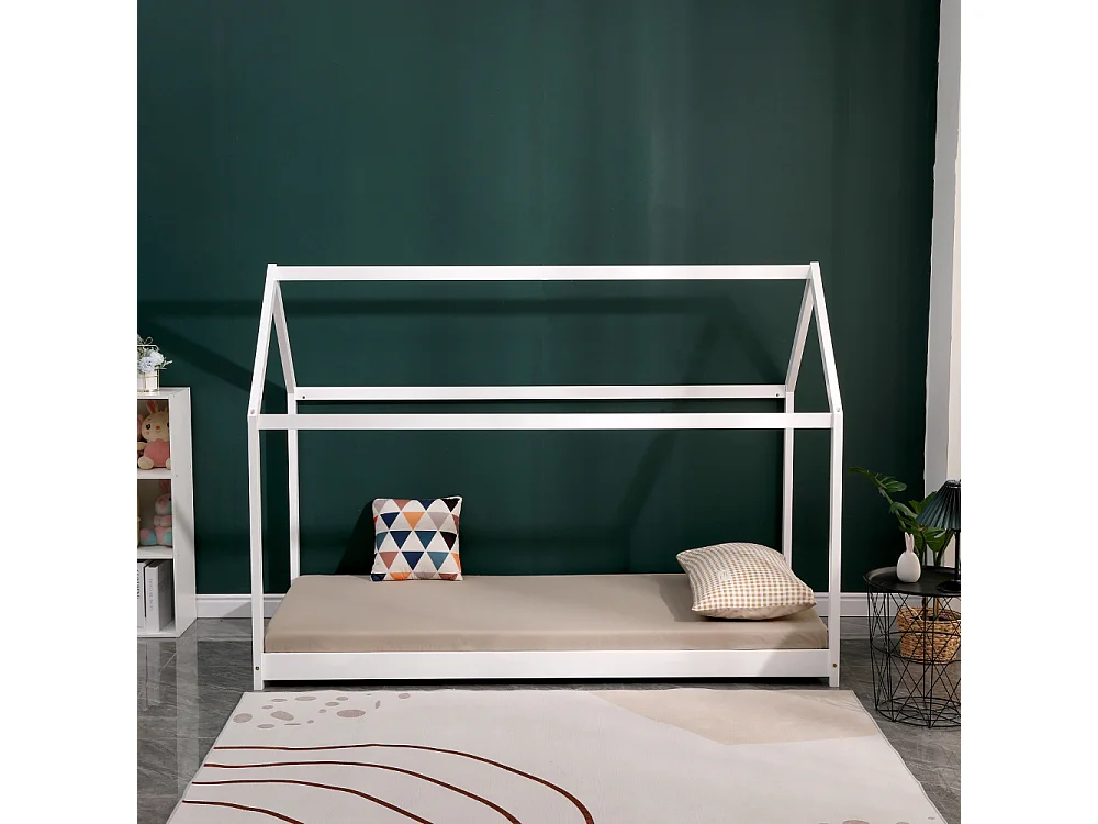 Lit cabane pin massif blanc 90x190 cm avec 10 lattes peuplier plywood - montage rapide et facile