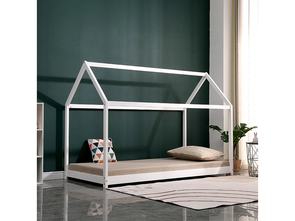 Lit cabane pin massif blanc 90x190 cm avec 10 lattes peuplier plywood - montage rapide et facile