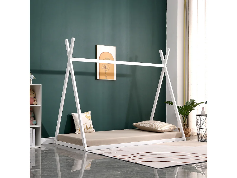 Lit cabane en pin massif 90x190 cm blanc avec 10 lattes en contreplaqué peuplier montage rapide et facile