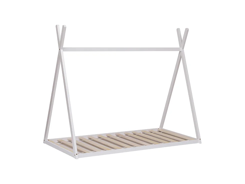 Lit cabane en pin massif 90x190 cm blanc avec 10 lattes en contreplaqué peuplier montage rapide et facile