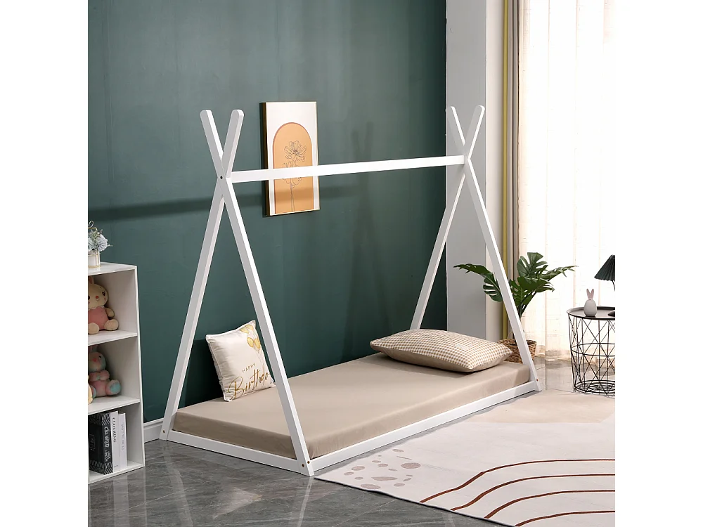 Lit cabane en pin massif 90x190 cm couleur blanc avec 10 lattes en peuplier plywood - modèle Alexandra montage rapide et facile