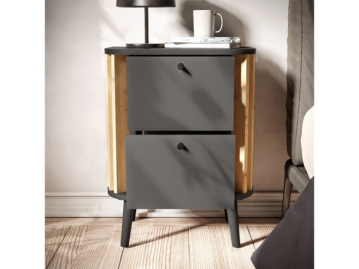 Table de chevet 2 tiroirs gris anthracite et chêne artisan L45 cm - PURE