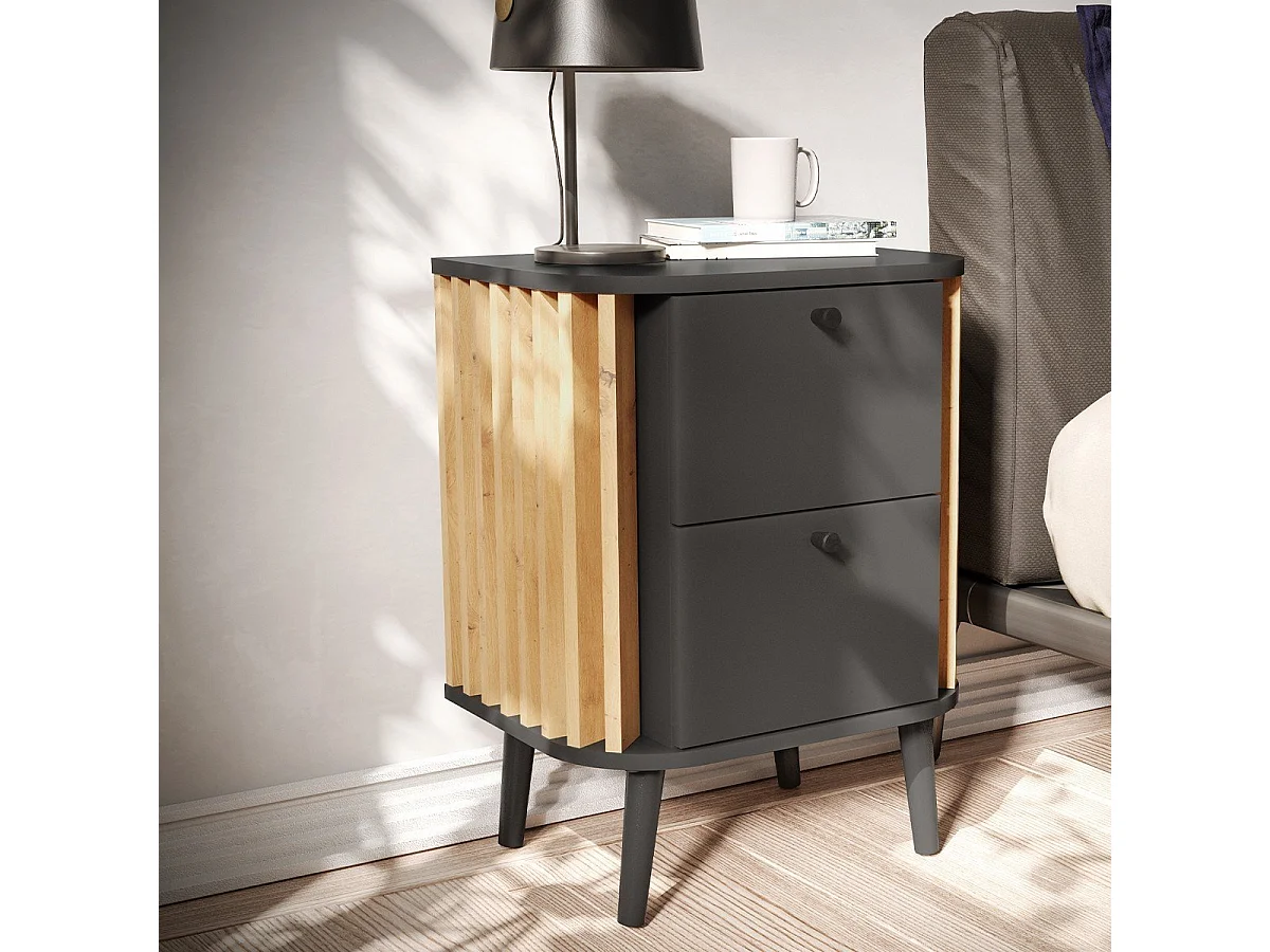 Table de chevet 2 tiroirs gris anthracite et chêne artisan L45 cm - PURE