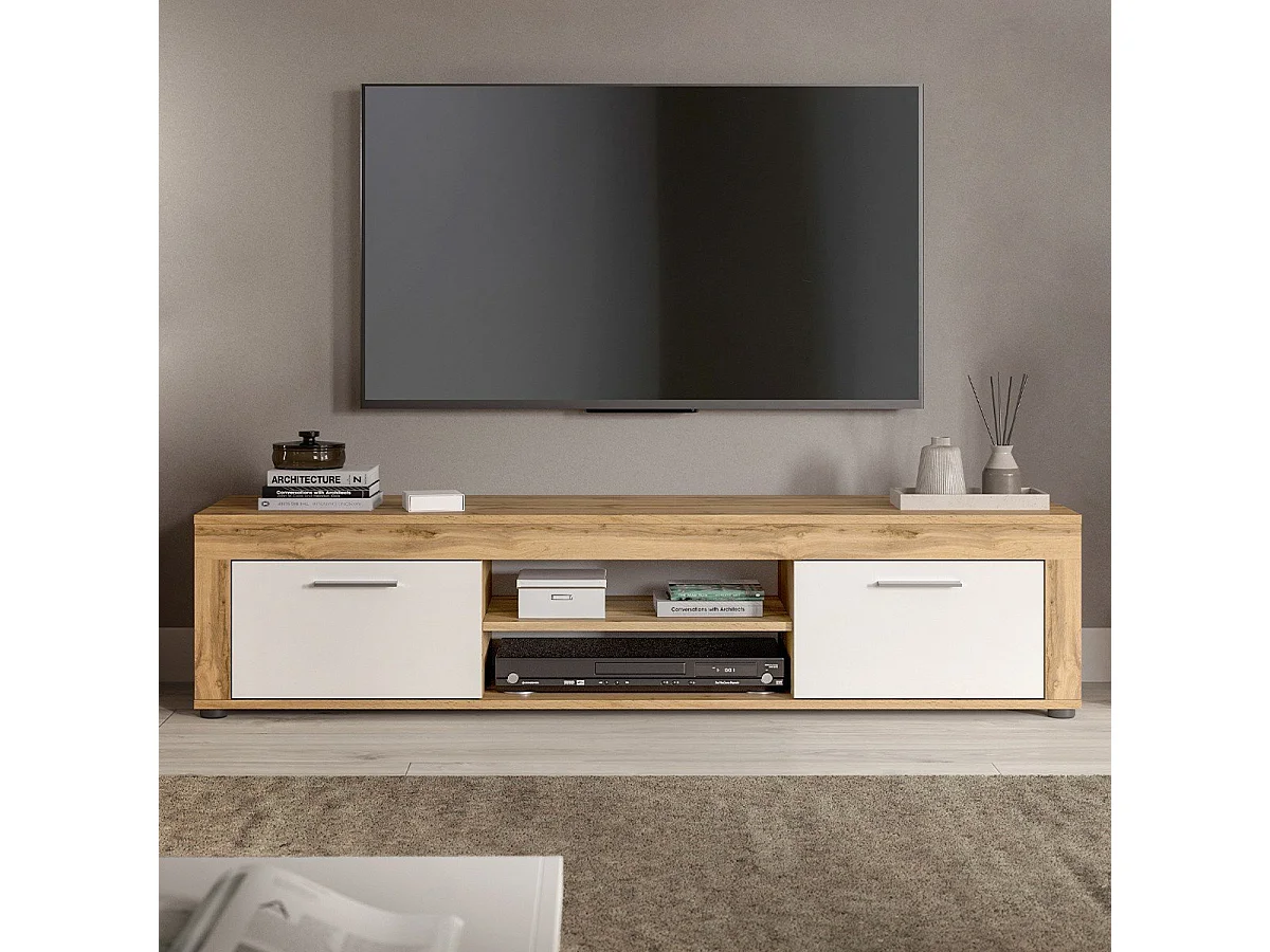 Meuble TV 2 portes abattantes et 2 niches blanc et chêne wotan L160 cm - AOSTA