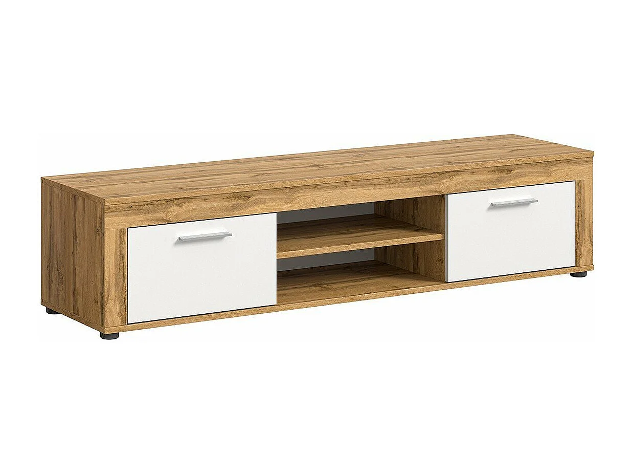 Meuble TV 2 portes abattantes et 2 niches blanc et chêne wotan L160 cm - AOSTA