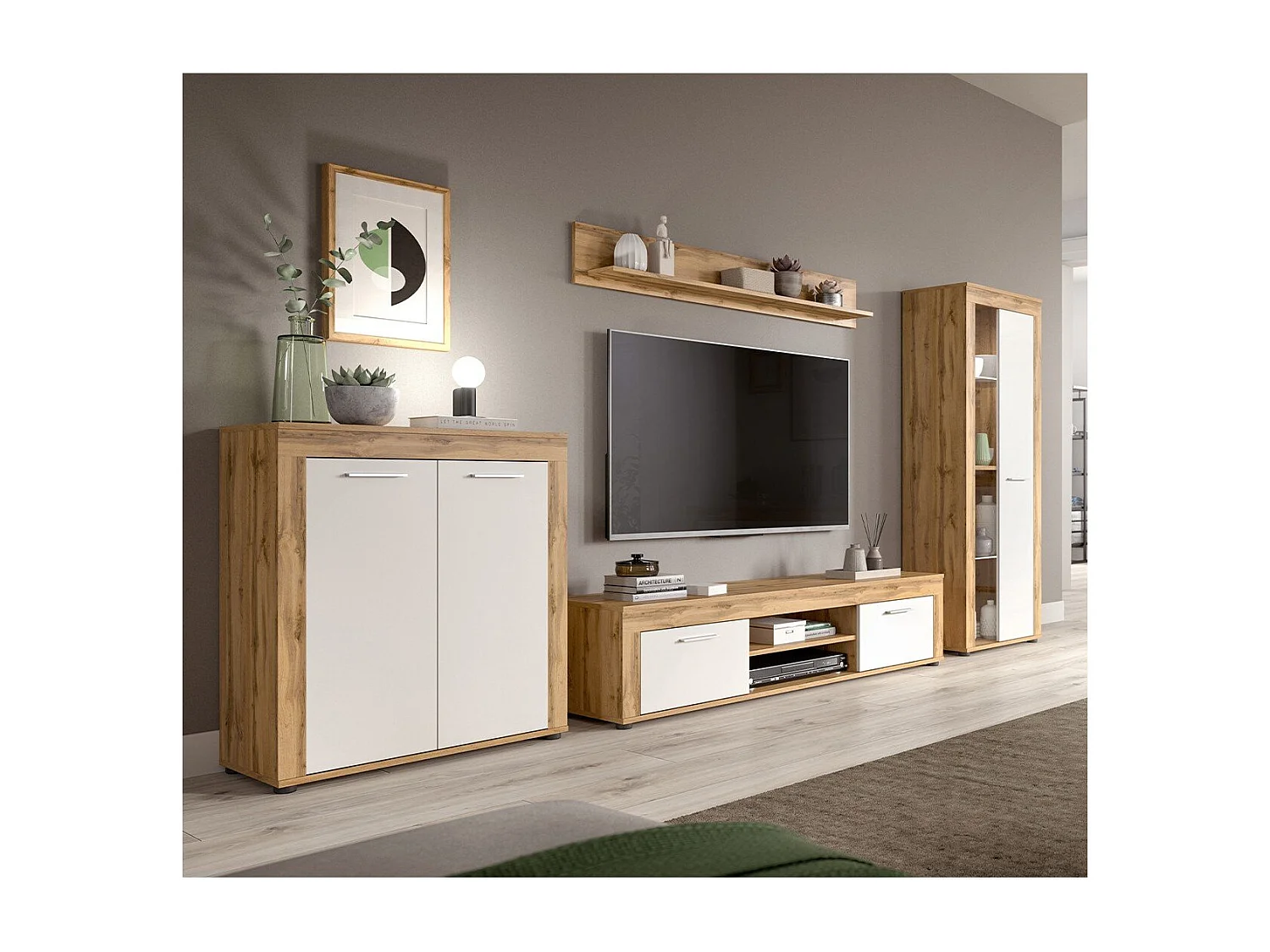 Meuble TV 2 portes abattantes et 2 niches blanc et chêne wotan L160 cm - AOSTA