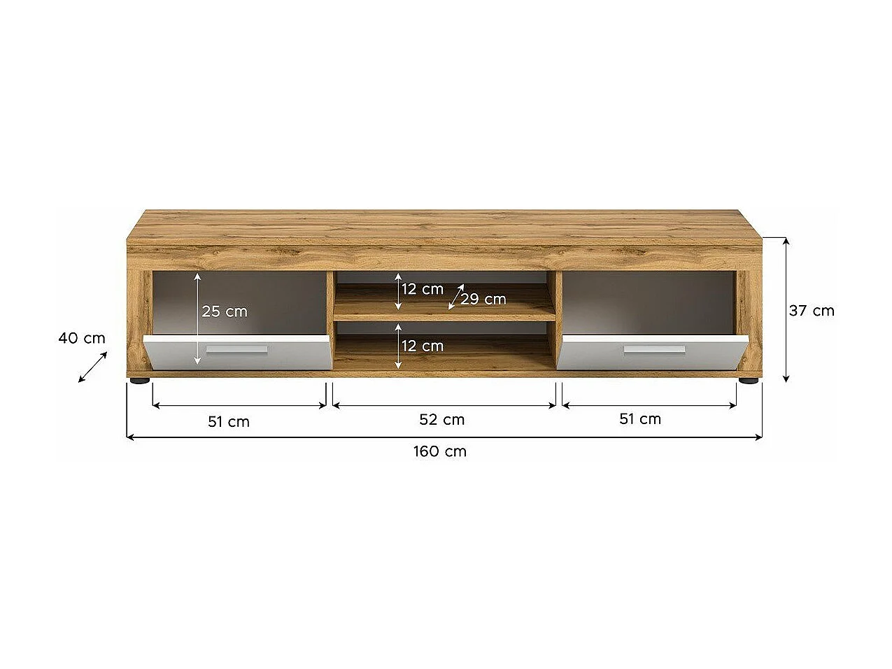 Meuble TV 2 portes abattantes et 2 niches blanc et chêne wotan L160 cm - AOSTA