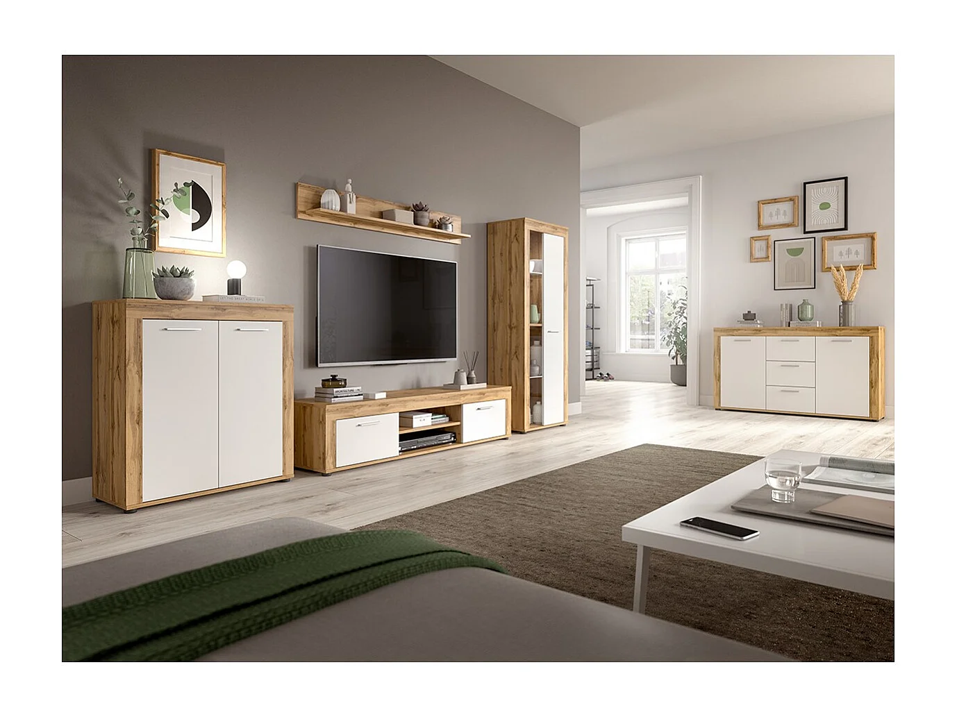 Meuble TV 2 portes abattantes et 2 niches blanc et chêne wotan L160 cm - AOSTA