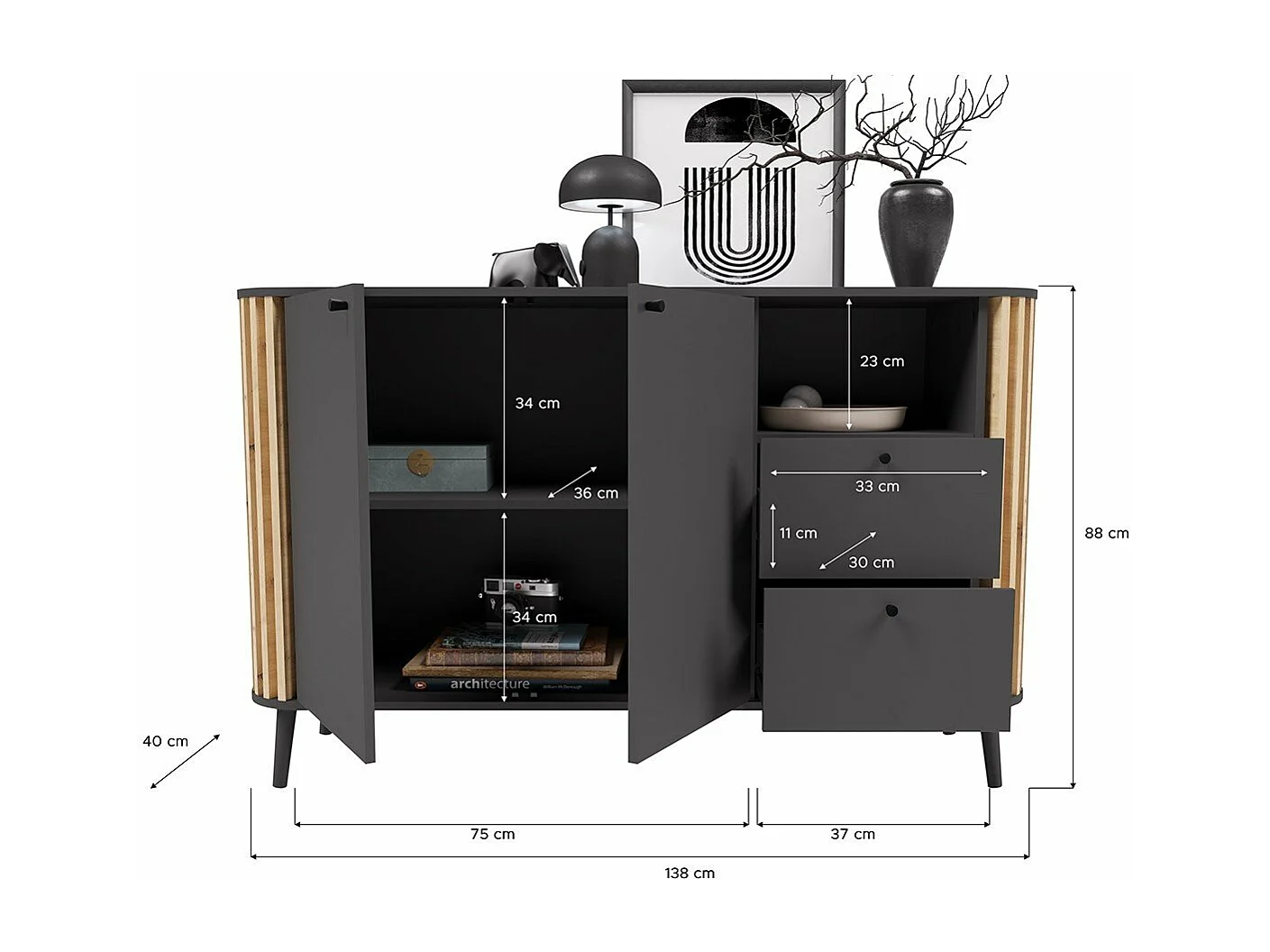 Buffet 2 tiroirs, 2 portes et 1 niche L138 cm - PURE