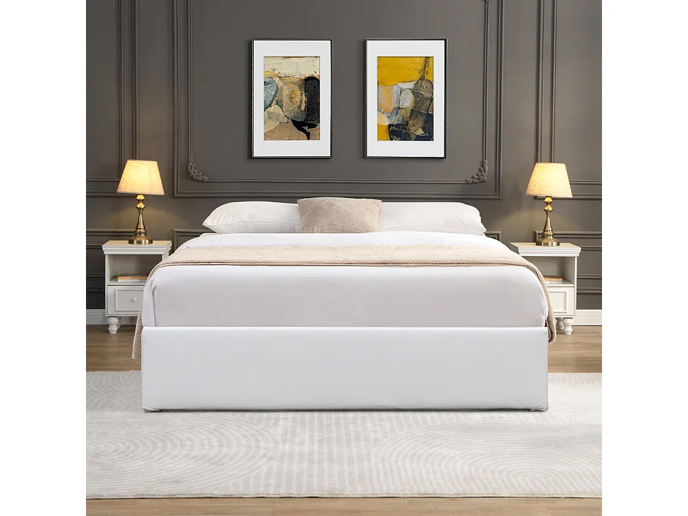 Lit coffre dehoussable blanc 160x200 cm avec 14 lattes facile à monter et entretenir en PVC simili