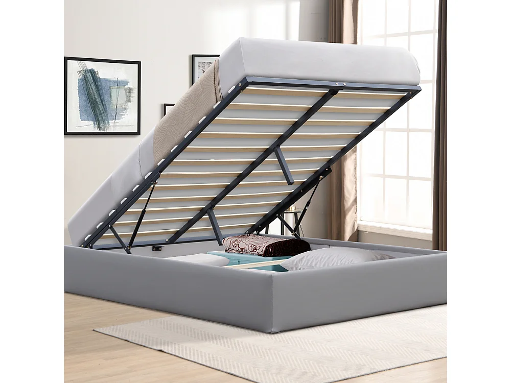 Lit Coffre dehoussable Gris 120x190 cm avec Pieds - 12 Lattes - Montage Rapide et Facile - Revêtement PVC Simili Facile d'Entretien