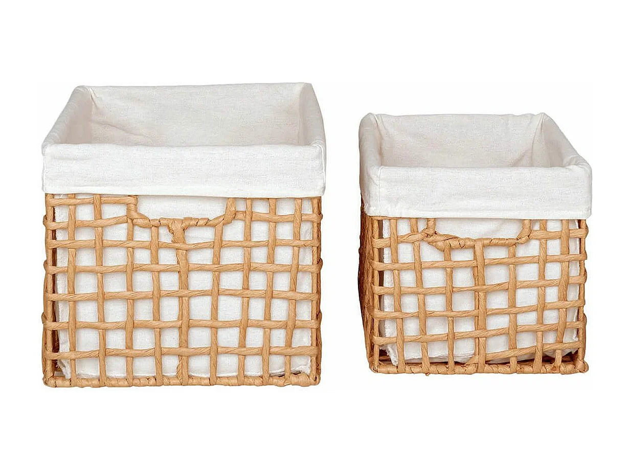 MATIS - Lot de 2 Panières Rectangulaires en Papier Imitation Rotin et Tissu Blanc