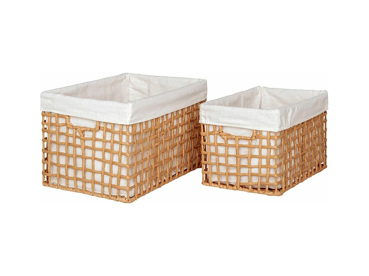 MATIS - Lot de 2 Panières Rectangulaires en Papier Imitation Rotin et Tissu Blanc