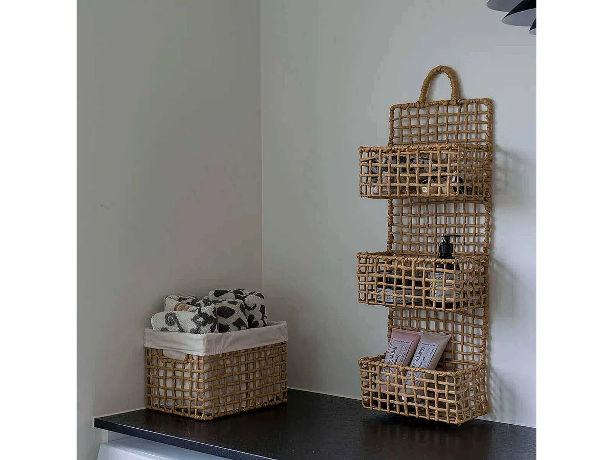 MATIS - Lot de 2 Panières Rectangulaires en Papier Imitation Rotin et Tissu Blanc