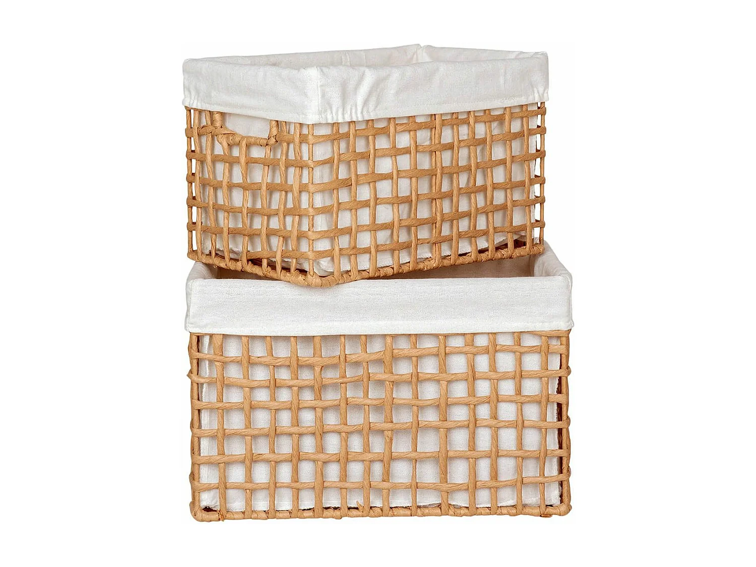 MATIS - Lot de 2 Panières Rectangulaires en Papier Imitation Rotin et Tissu Blanc