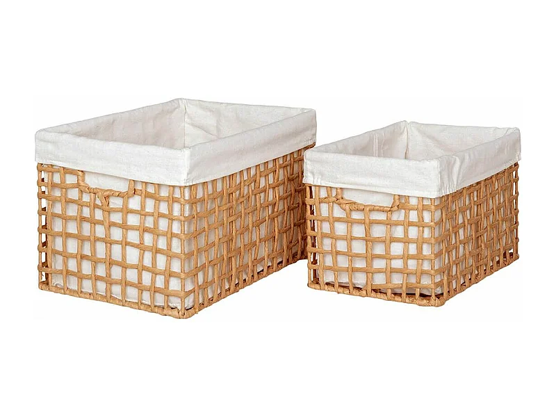 MATIS - Lot de 2 Panières Rectangulaires en Papier Imitation Rotin et Tissu Blanc